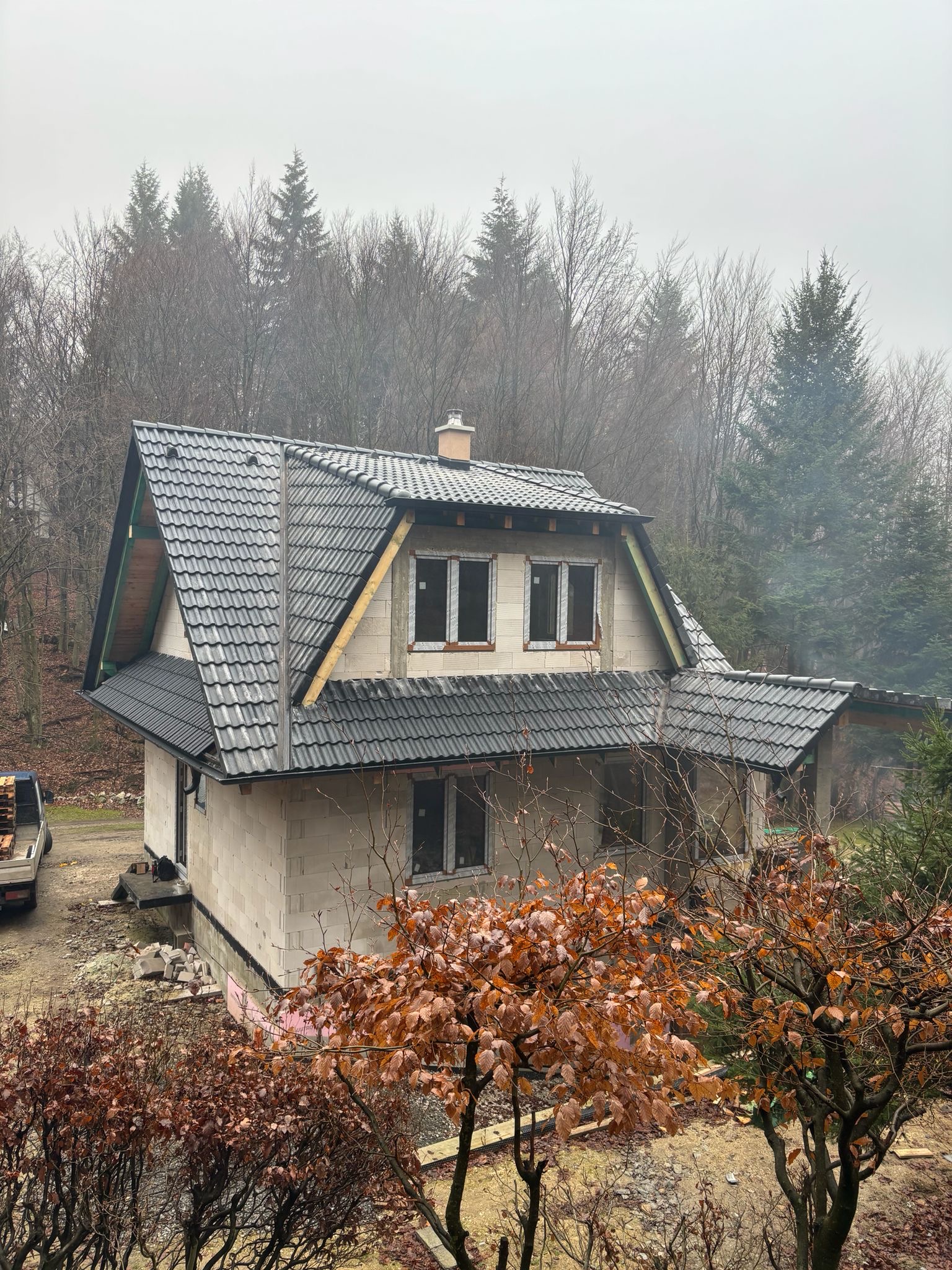 Rodinný dom v lese — nová antracitová krytina, vikier a komín